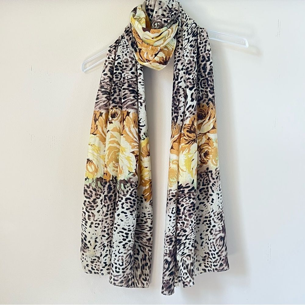 La Fiorentina 100% Soft Wool Leopard Rose Print Oversized Shawl Scarf